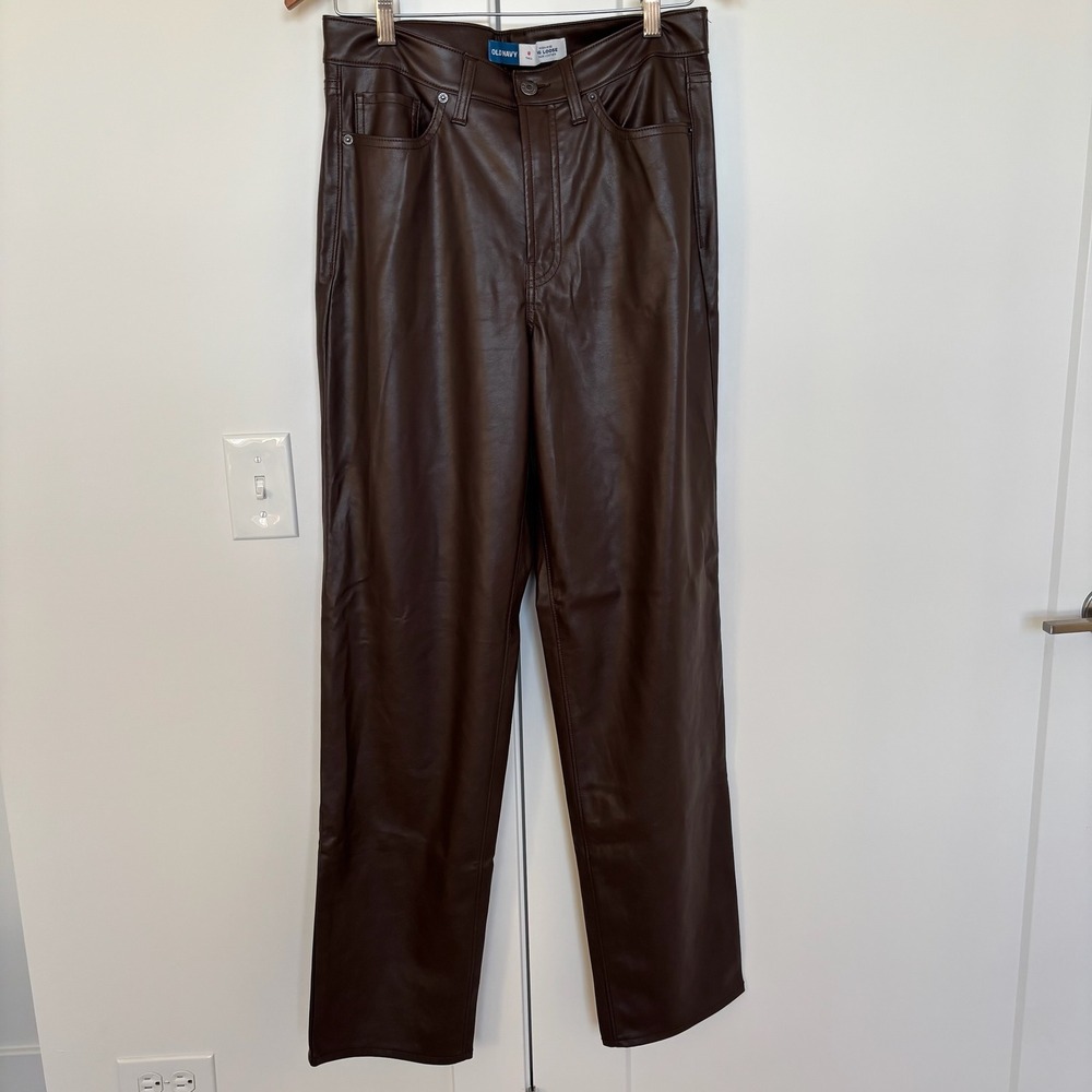 Old Navy High Rise OG Loose Faux Leather Pants Chocolate Brown Women Size 8 Tall